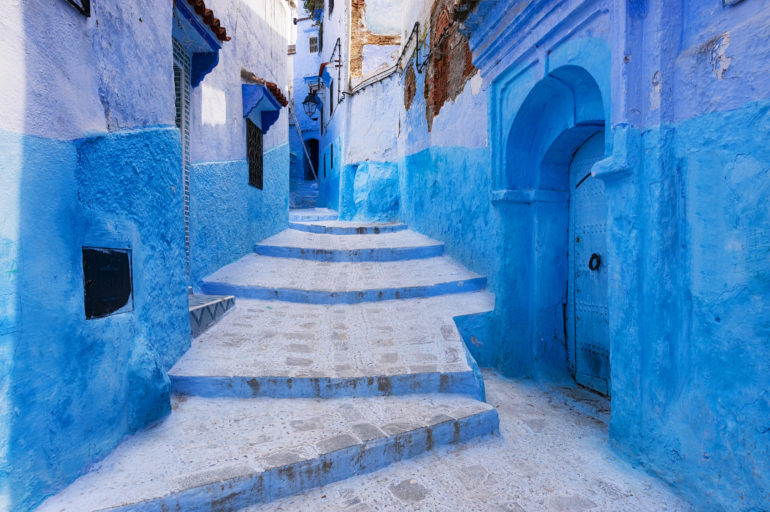 View of a street in the town of Chefchaouen in Morocco