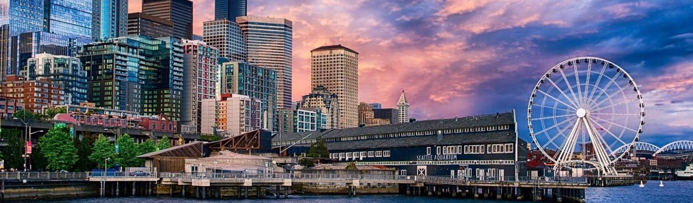 Seattle Waterfront là dãy cầu cảng bên bờ vịnh Elliott như cánh cổng chào của thành phố Seattle, bên trên là những công trình đặc trung của dãy cầu cảng Mỹ.